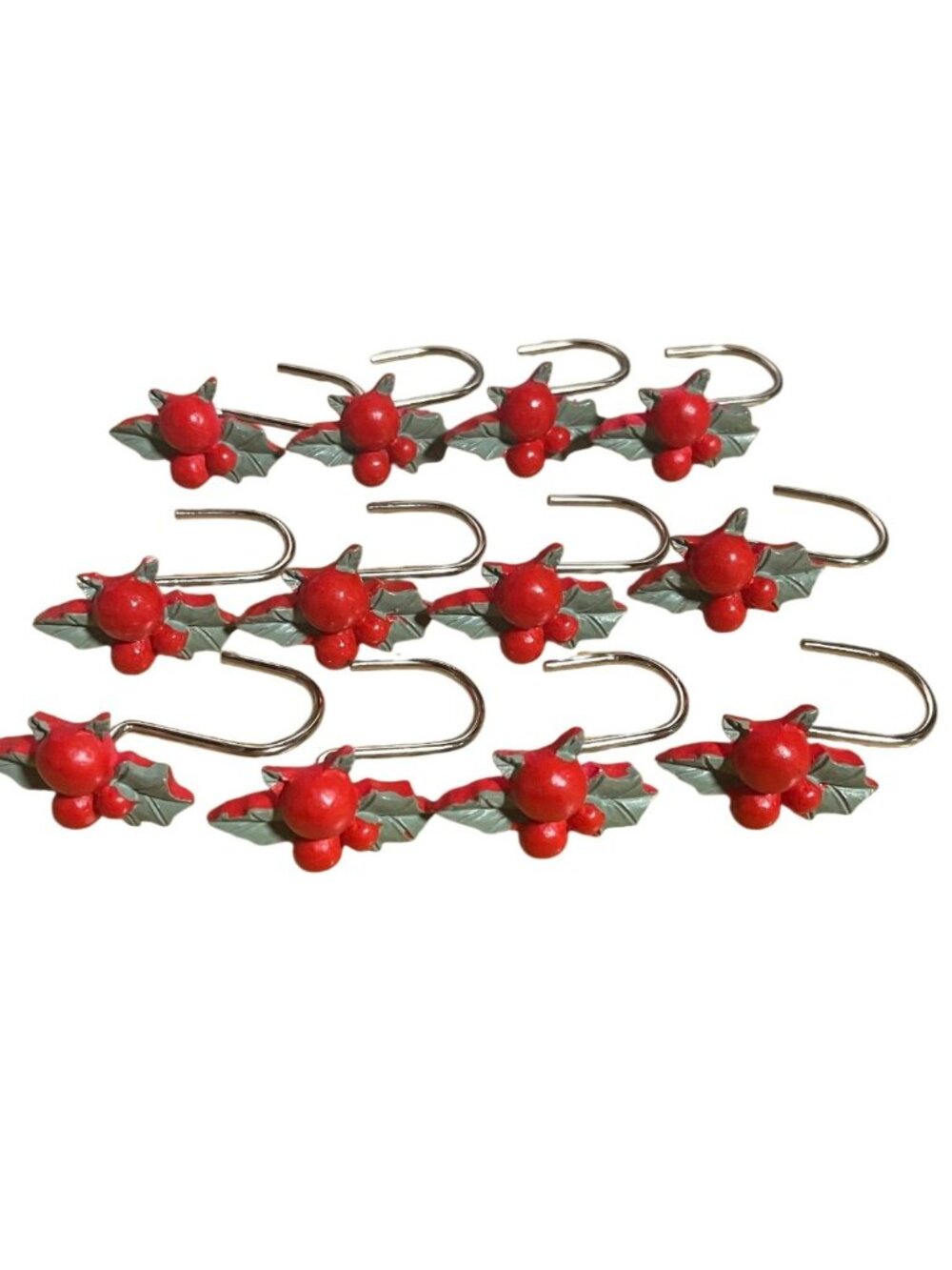 Christmas Holly Shower Curtain Hooks Red & Green Set Of 12 Holiday Bathroom Deco